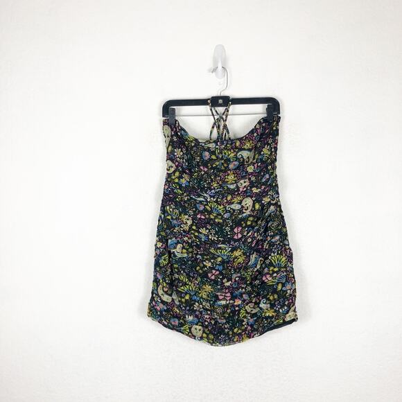 Zara Floral Mini Dress Large Ruched Bodycon Halter Sweetheart Paisley Print - Picture 3 of 14